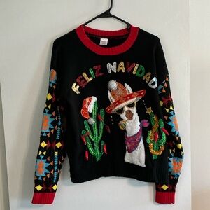 Holiday Time “Felix Navidad Llama” Graphic  Black Colorful Sweater Womens Size M